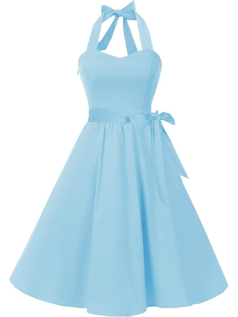 Women's Sky Blue Halter Neck Vintage Polka Audrey Retro Cocktail Dress